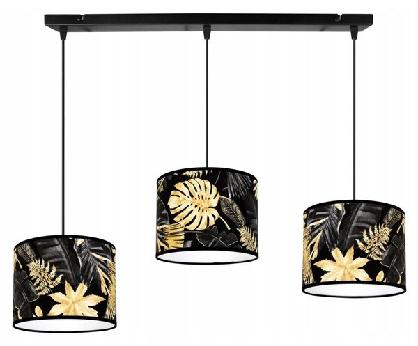 Závesné svietidlo Gold Flowers, 3x čierne textilné tienidlo s kvetinovým vzorom