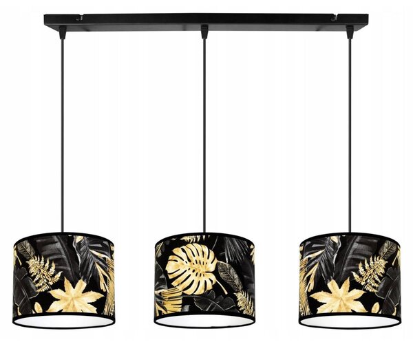 Závesné svietidlo Gold Flowers, 3x čierne textilné tienidlo s kvetinovým vzorom