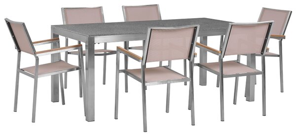 Záhradná jedálenská súprava béžová s ratanovými stoličkami na stôl zo sivej žuly, 6 sedadiel, 180 x 90 cm