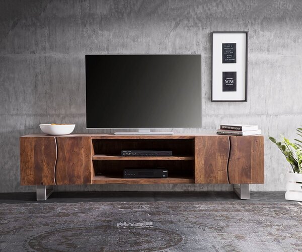 DELIFE TV stolík Live-Edge 200 cm akácia hnedá 4 dvierka 2 priehradky