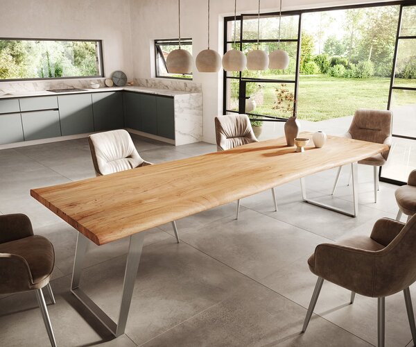 DELIFE Jedálenský stôl Edge 300x100 cm akácia prírodná nerezová oceľ strieborná skosený Live-Edge