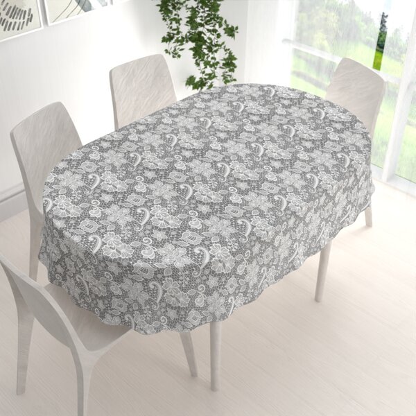 Biante Bavlnený oválny obrus Sandra SA-550 Biela krajka na sivom 50x100 cm