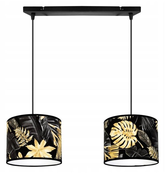 Závesné svietidlo Gold Flowers, 2x čierne textilné tienidlo s kvetinovým vzorom