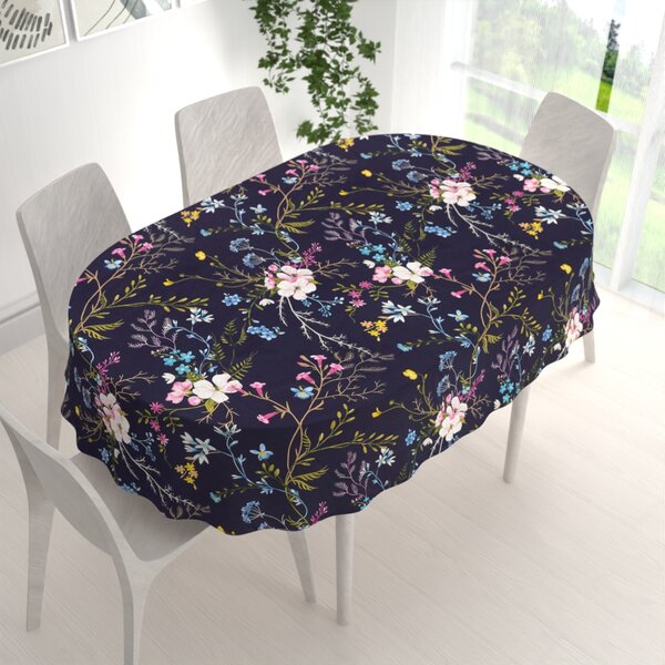 Biante Bavlnený oválny obrus Sandra SA-557 Modro-ružové kvety na tmavo modrom 50x100 cm