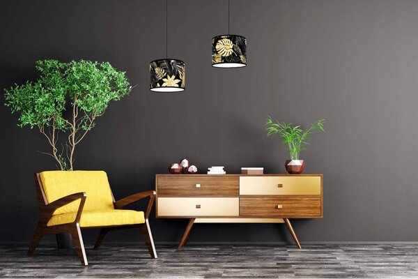 Závesné svietidlo Gold Flowers, 2x čierne textilné tienidlo s kvetinovým vzorom