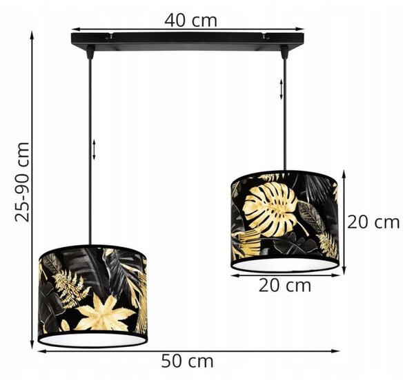 Závesné svietidlo Gold Flowers, 2x čierne textilné tienidlo s kvetinovým vzorom
