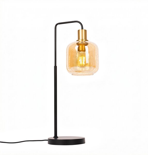 Dizajnová stolná lampa čierna s mosadzou a jantárovým sklom - Zuzanna