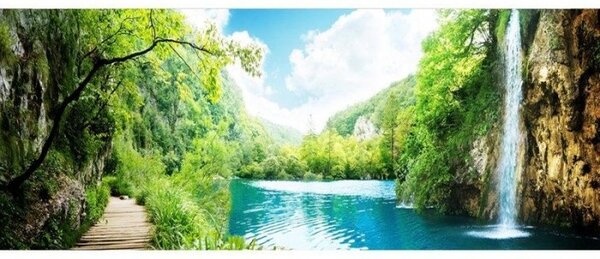 DIMEX | Panoramatická vliesová fototapeta na stenu Relax v lese MP-2-0085 | 375 x 150 cm | zelená, modrá, biela, béžová