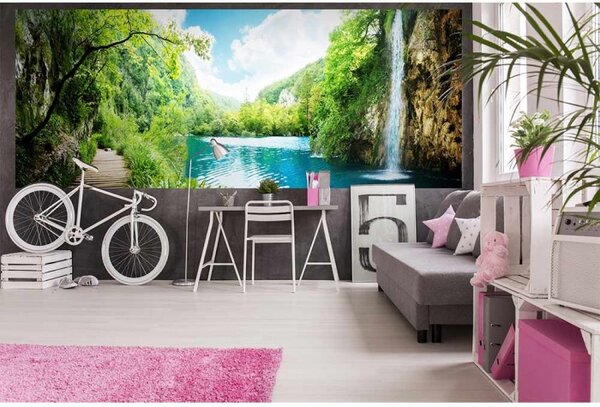 DIMEX | Panoramatická vliesová fototapeta na stenu Relax v lese MP-2-0085 | 375 x 150 cm | zelená, modrá, biela, béžová