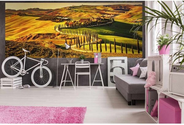DIMEX | Panoramatická vliesová fototapeta na stenu Toskánsko MP-2-0070 | 375 x 150 cm | žltá, zelená, modrá