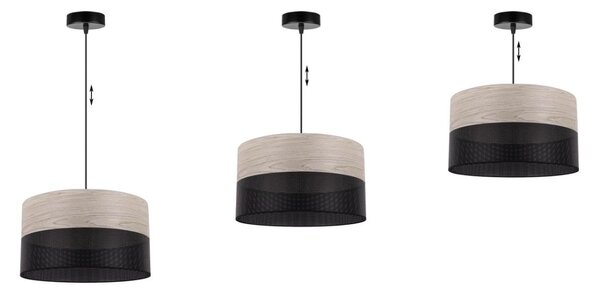 Závesné svietidlo Wood, 1x svetlobéžová dubová dýha/čierne PVC tienidlo, (fi 35cm)