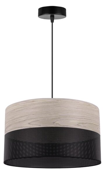Závesné svietidlo Wood, 1x svetlobéžová dubová dýha/čierne PVC tienidlo, (fi 35cm)