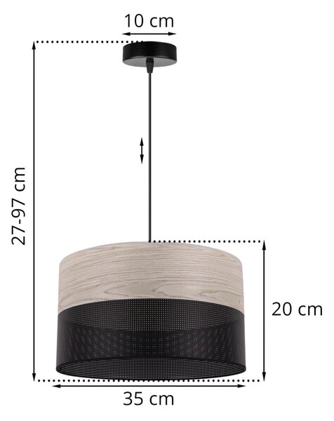 Závesné svietidlo Wood, 1x svetlobéžová dubová dýha/čierne PVC tienidlo, (fi 35cm)
