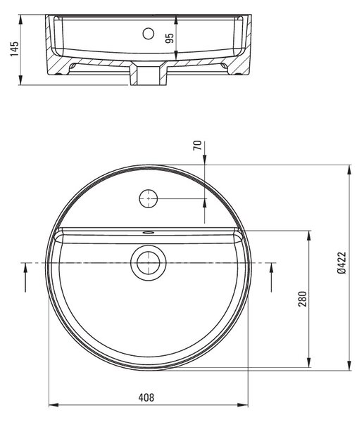 Deante Round, umývadlo na dosku s otvorom na batériu 420x420x120mm, biela lesklá, DEA-CGR_6U4B