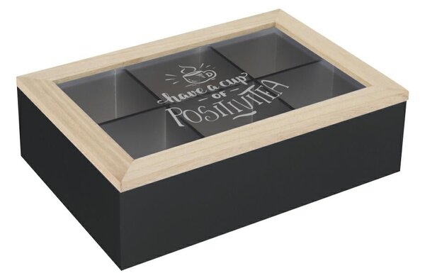 Drevený organizér na čaj Positive Black, 24x16,5x7 cm
