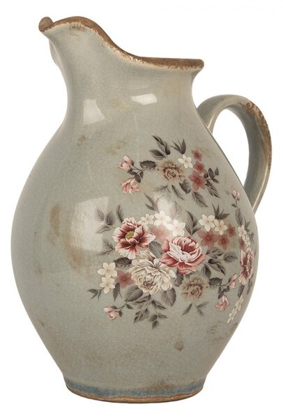 Šedý dekoračný keramický džbán s kvetmi Floria M - 21*16*24 cm - Clayre & Eef
