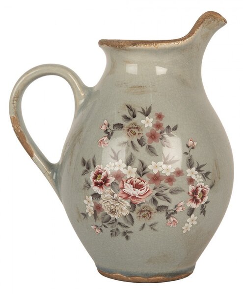 Šedý dekoračný keramický džbán s kvetmi Floria M - 21*16*24 cm - Clayre & Eef