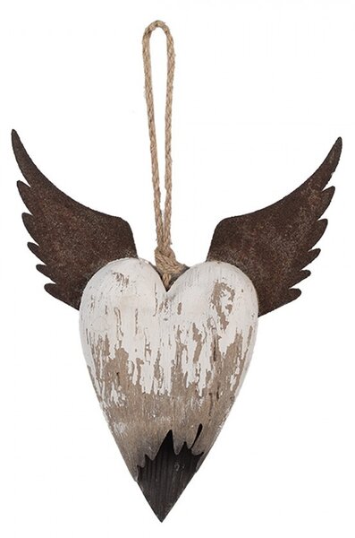 Dekorácia závesné srdce s anjelskými krídlami Angel Rustic M - 18*3*22 cm - Clayre & Eef