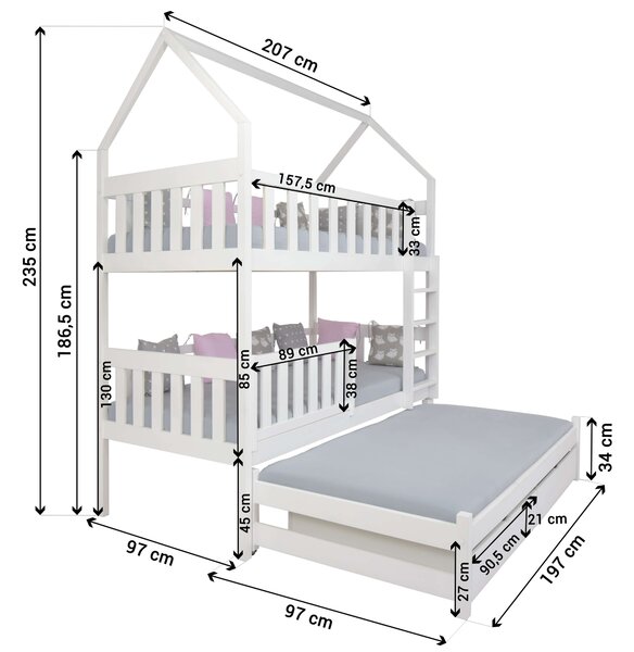 Wilsondo Poschodová posteľ s prístelkou Domček 90x200 - biela