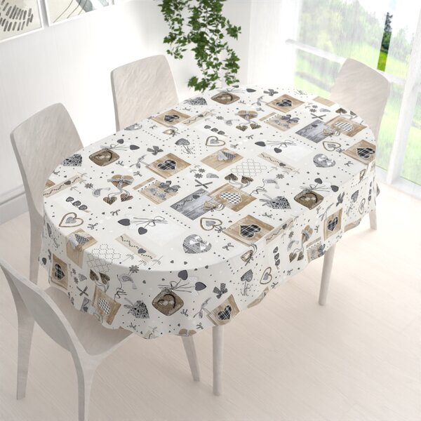 Biante Dekoračný oválny obrus Porto PRT-014 Hnedo-sivé srdiečka na krémovom 60x100 cm