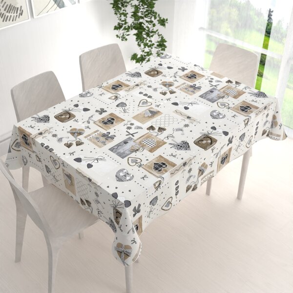Biante Dekoračný obdĺžnikový obrus Porto PRT-014 Hnedo-sivé srdiečka na krémovom 50x100 cm