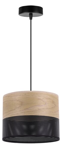 Závesné svietidlo Wood, 1x dýha zlatý dub/čierne PVC tienidlo, (fi 20cm)