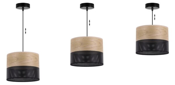 Závesné svietidlo Wood, 1x dýha zlatý dub/čierne PVC tienidlo, (fi 20cm)