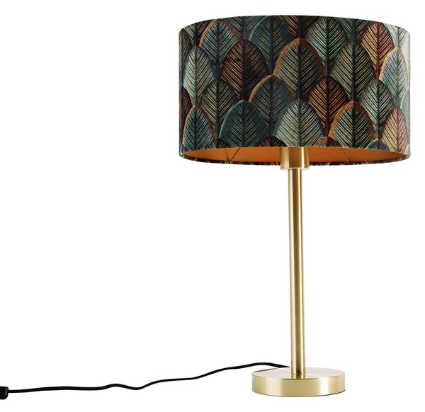 Stolná lampa mosadzná s oválnym zamatovým tienidlom s motívom listov 35 cm - Simplo