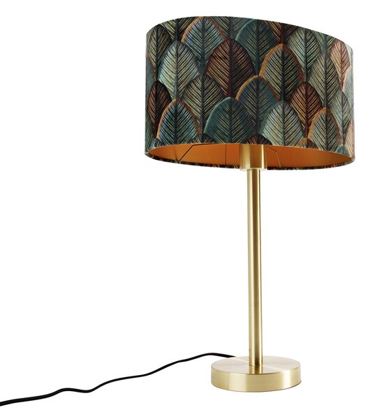 Stolná lampa mosadzná s oválnym zamatovým tienidlom s motívom listov 35 cm - Simplo