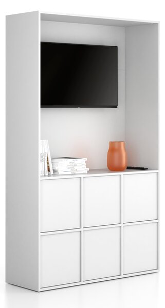Kancelárska skriňa FRAME, 6x dvere, priestor pre TV, 1299 x 450 x 2162 mm, PUSH-lock, biela