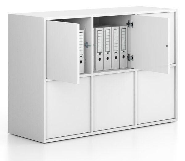 Kancelárska skriňa FRAME, nízka, 6x dvere, 1299 x 450 x 881 mm, PUSH-lock, biela
