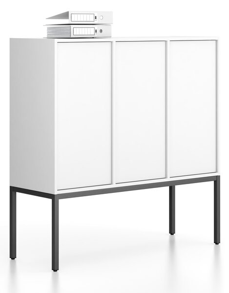 Kancelárska skriňa FRAME, nízka, čierna podnož, 3x dvere, 1299 x 450 x 1331 mm, PUSH-lock, biela