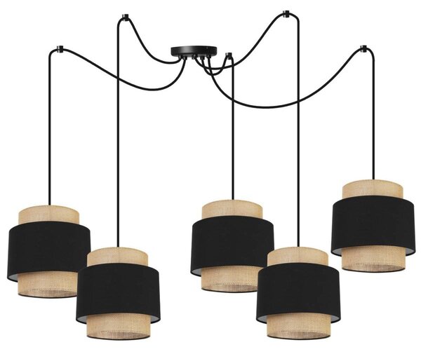 Závesné svietidlo Boho Spider, 5x jutové/čierne textilné tienidlo