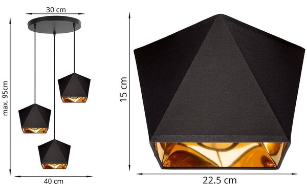 Závesné svietidlo Diamond Gold, 3x čierne/zlaté textilné tienidlo, o