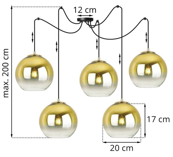 Závesné svietidlo Bergen Gold Spider, 5x zlaté/transparentné sklenené tienidlo (fi 20cm)