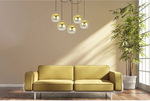 Závesné svietidlo Bergen Gold Spider, 5x zlaté/transparentné sklenené tienidlo (fi 20cm)