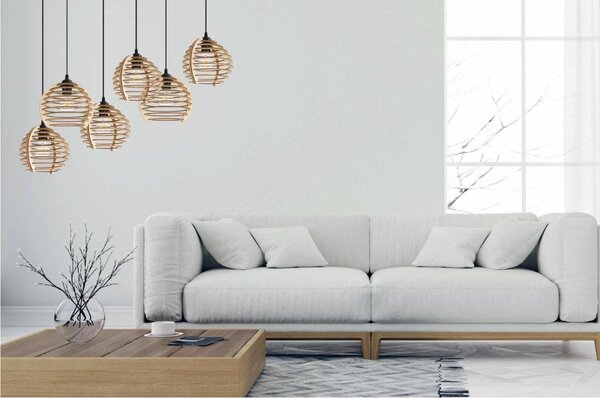 Závesné svietidlo Timber, 6x drevené tienidlo, n