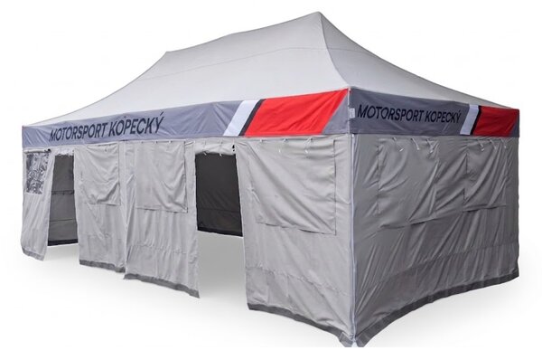 TENTino SET - Nožnicový párty stan 4x8 m EXTRA HIGH ROOF s jednostrannou potlačou Plachtovina (nůžk.stany s potiskem): polyester 230 g/m2, Typ konštrukcie: BIG HEXAGON S VYŠŠÍ ŠPICÍ, POTLAČ - strecha + bočnice: střecha + 3x boční strana
