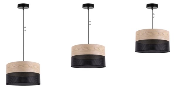 Závesné svietidlo Wood, 1x béžová dubová dýha/čierne PVC tienidlo, (fi 30cm)