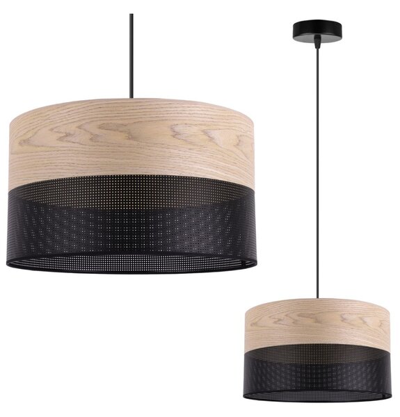 Závesné svietidlo Wood, 1x béžová dubová dýha/čierne PVC tienidlo, (fi 30cm)