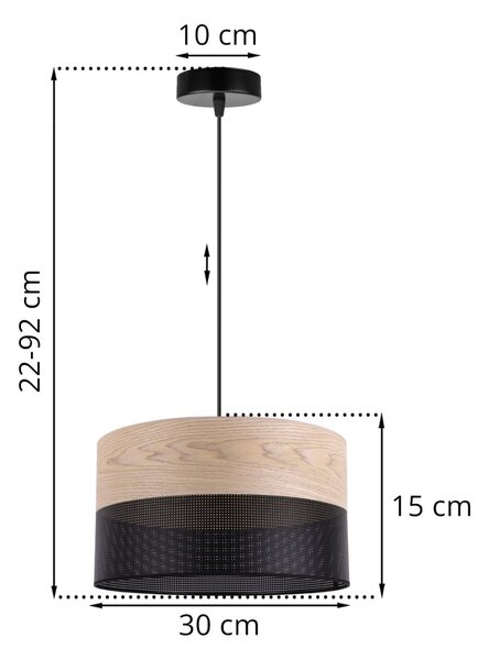 Závesné svietidlo Wood, 1x béžová dubová dýha/čierne PVC tienidlo, (fi 30cm)