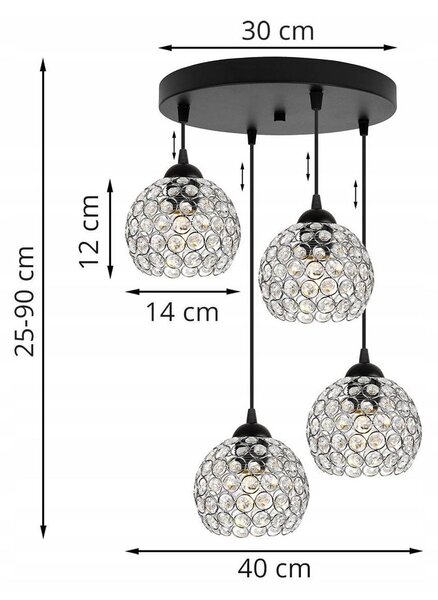 Závesné svietidlo Crystal, 4x strieborné krištáľové tienidlo, o