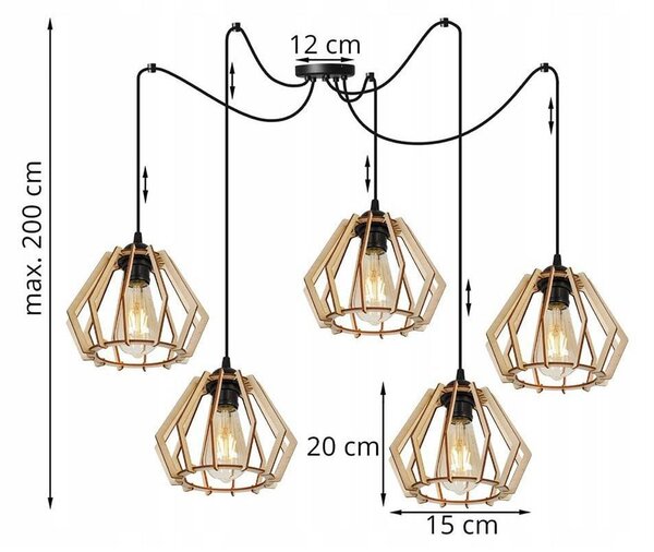 Závesné svietidlo Timber Spider, 5x drevené tienidlo