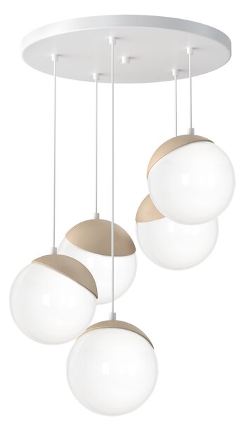 Závesné svietidlo Sfera, 5x biele sklenené tienidlo, w/drevo, o
