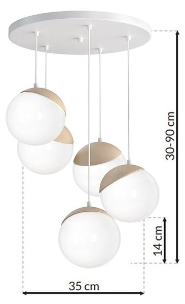 Závesné svietidlo Sfera, 5x biele sklenené tienidlo, w/drevo, o