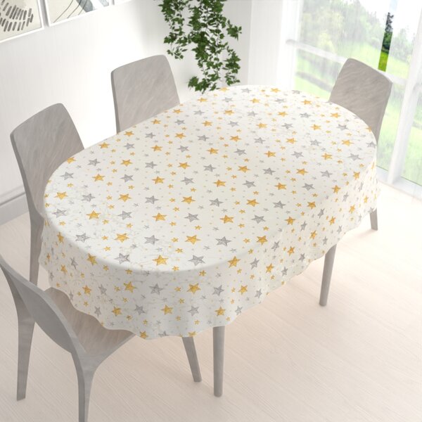 Biante Luxusný dekoračný vianočný oválny obrus Parma PM-139 Strieborno-zlaté hviezdičky na strieborno-krémovom 50x100 cm