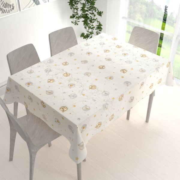 Biante Luxusný dekoračný vianočný obdĺžnikový obrus Parma PM-138 Strieborno-zlaté vianočné banky na strieborno-krémovom 50x100 cm