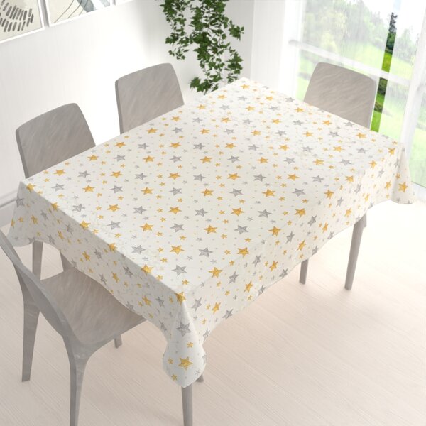 Biante Luxusný dekoračný vianočný obdĺžnikový obrus Parma PM-139 Strieborno-zlaté hviezdičky na strieborno-krémovom 50x100 cm