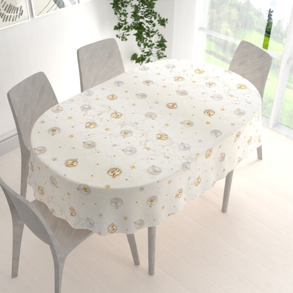Biante Luxusný dekoračný vianočný oválny obrus Parma PM-138 Strieborno-zlaté vianočné banky na strieborno-krémovom 50x100 cm