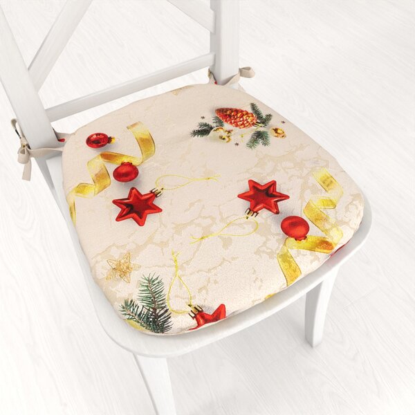 Biante Oblý podsedák Parma PM-137 Vianočné ozdoby s vetvičkami na zlato-béžovom - 39x37x3 cm